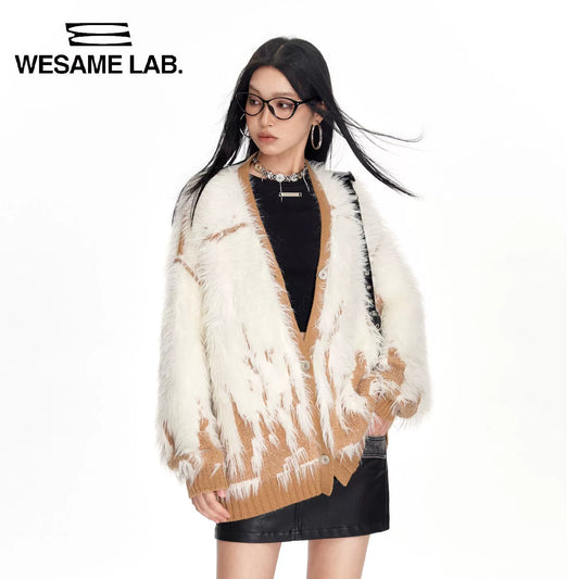 느슨한 모방 밍크 모피 부드러운 멍청한 두꺼운 플러시 모헤어 니트 카디건 게으른 가을 스웨터