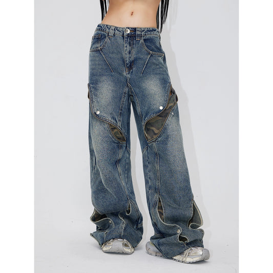 Deconstructs Hollow Out Camuflage Patchwork Jeans con diseño de nicho en angustia retro, pantalones de piernas anchas sueltas