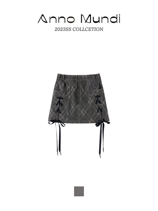 Plaid Denim Strap Half Skirt