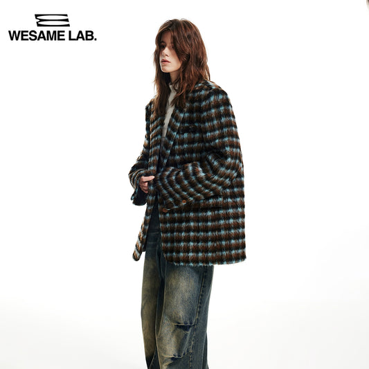 가을과 겨울 새로운 넓은 어깨 대비 격자 무리 패브릭 모양 플러시 안감 중간 길이 정장 코트 여성을위한
