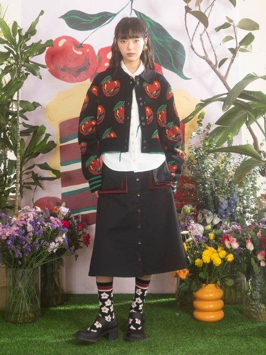 তেল পেইন্টিং লাল আপেল হর্ন স্লিভ সোয়েটার কার্ডিগান