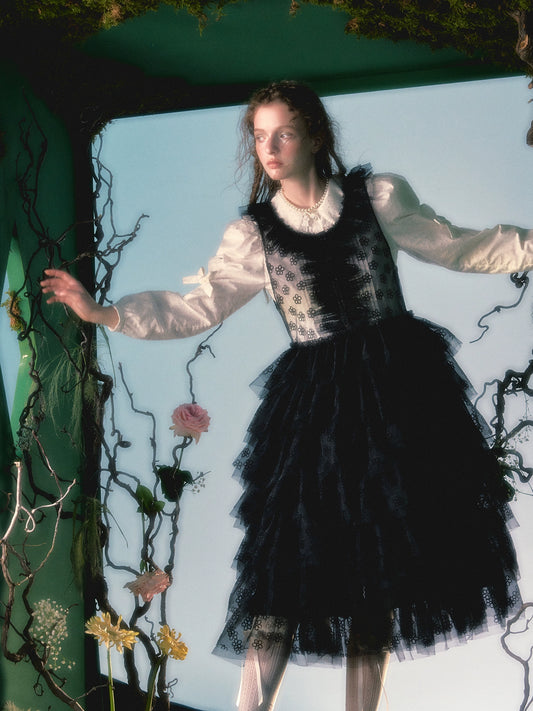 Flocked Flower Mesh Cake Skirt