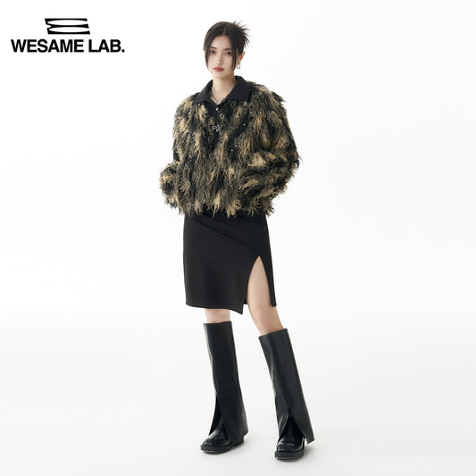 오리지널 디자인 패션 중공 어깨 셔츠 칼라 분할 긴 소매 검은 드레스 가을과 겨울 여자