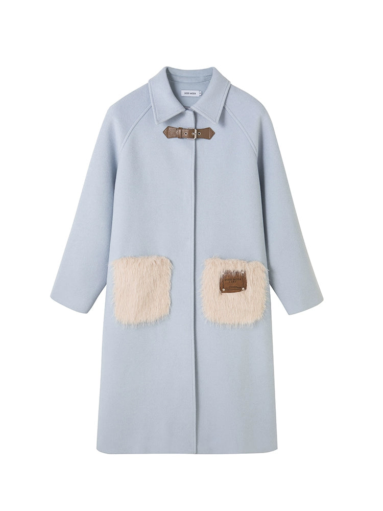 Plush Pocket -معطف من الصوف الأزرق الزراعي