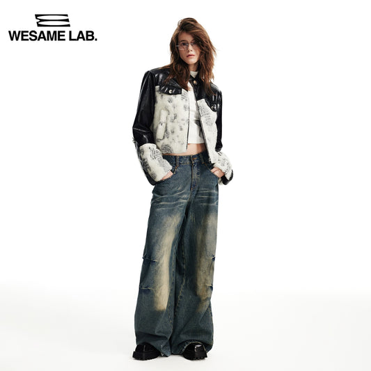 가을과 겨울 프리미엄 흑백 직물 스플 라이스 환경 보호 가죽 여성용 짧은면 코트