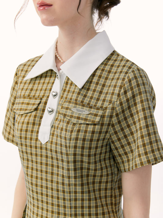 Slim Plaid Polo Collar Yellow Dress - College Style