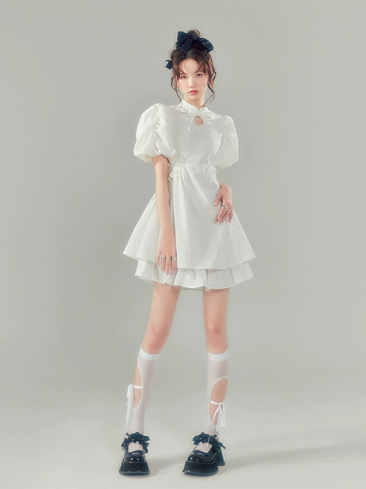 Qipao White Fairy - Bubble Sleeve Dress