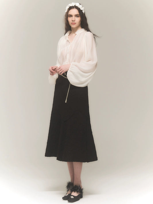 밀크 티 V 넥 버블 소매 셔츠