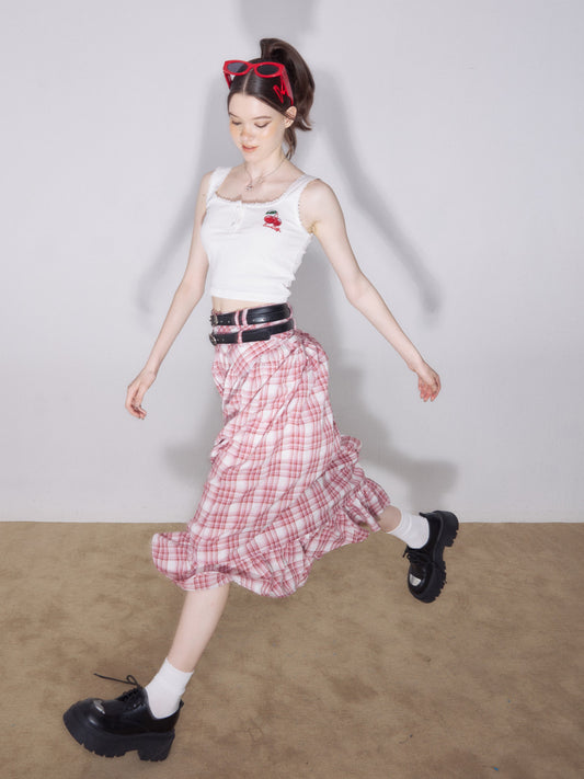 Red Plaid High Waist Midi Skirt