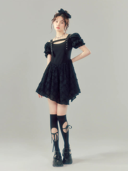 الفقاعة الأكمام -فستان تنورة قصيرة jacquard