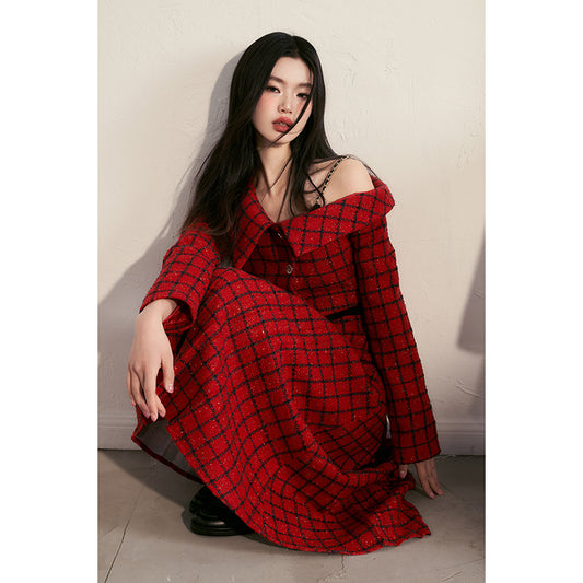 Red Checkered Off Shoulder Set