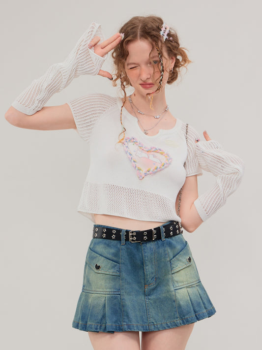 Heart Rabbit Knitted Short Sleeve Top - American Vintage