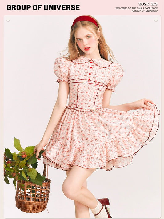 Pomegranate Radiance - Doll Collar Red Print Dress