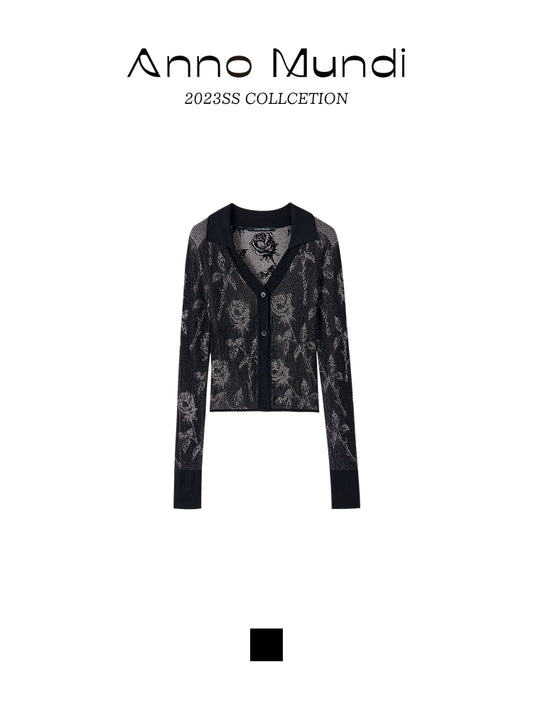 로즈 자카드 컬러 블록 카디건