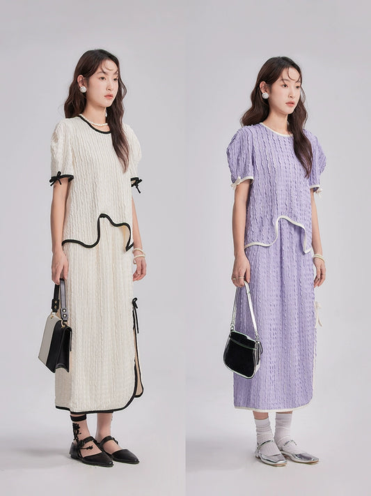 Original Design Fragmented Ripples Contrast Color Bow Knot Curved Texture T-shirt Half Skirt Set