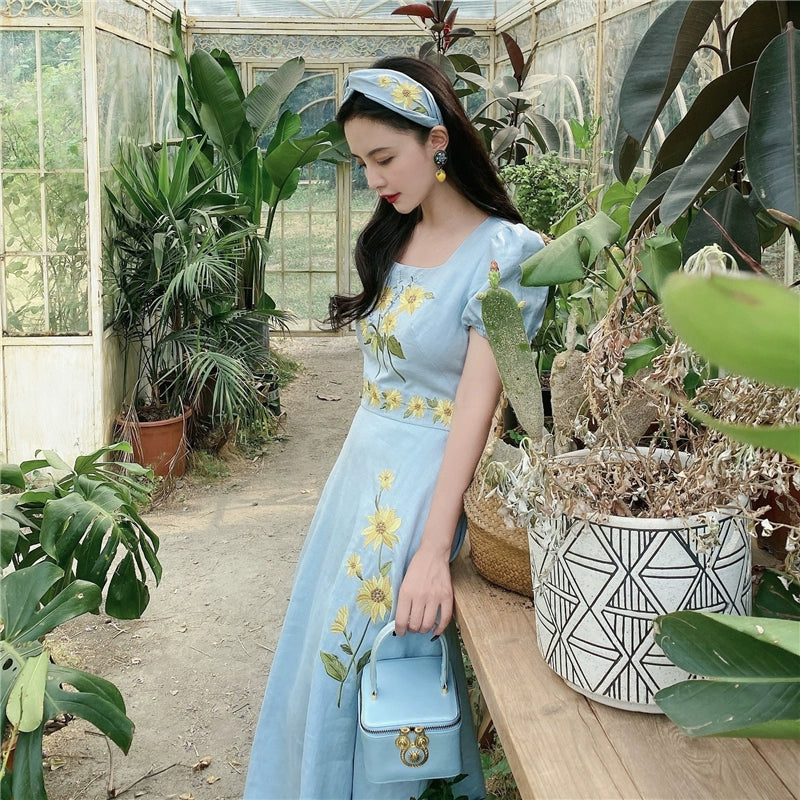 Sunflower Van Gogh Linen Embroidery Dress