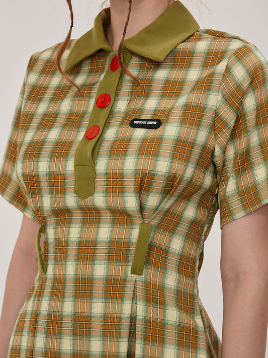 Cow Oil Green Plaid Polo Collar Dress - Retro Style