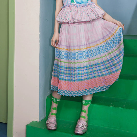 Macaron Plaid Pleated Skirt