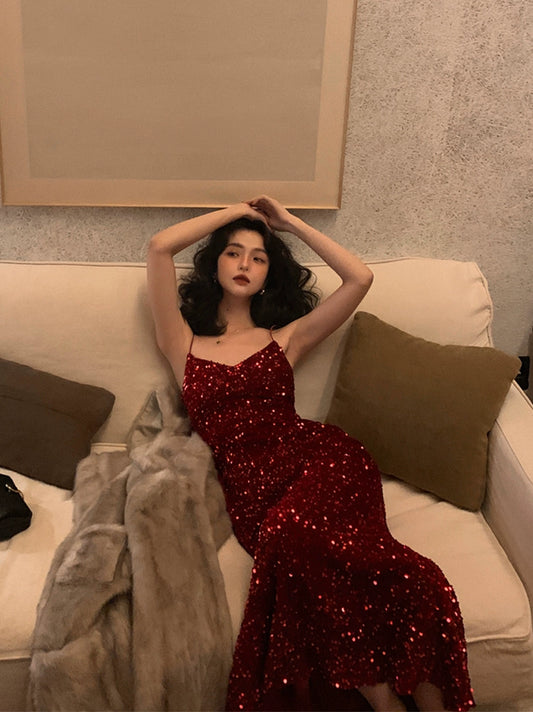Sultry Red Velvet Sequin Dress: Spring Glamour