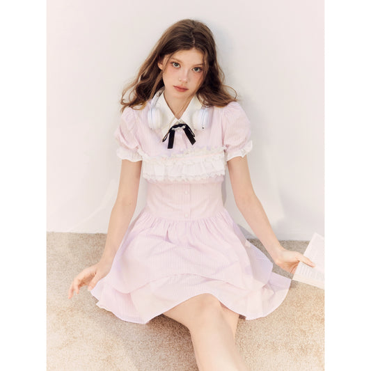 Pink Stripe Waist-Tie Shirt Dress