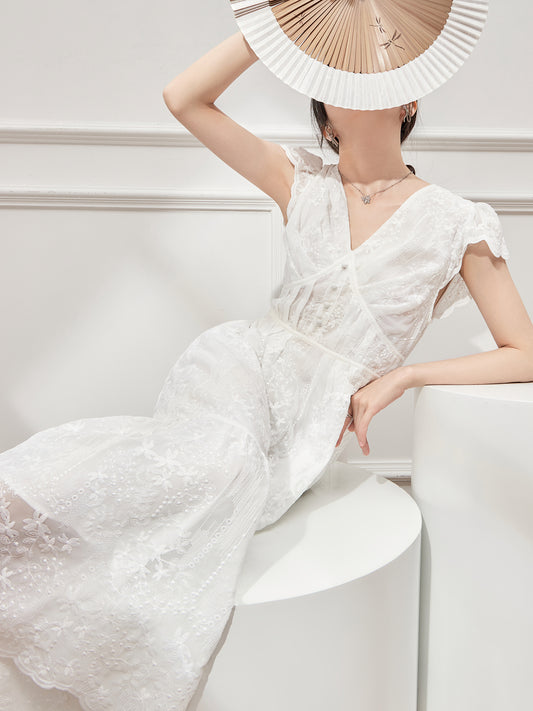 White V-Neck Kikyo French Dress