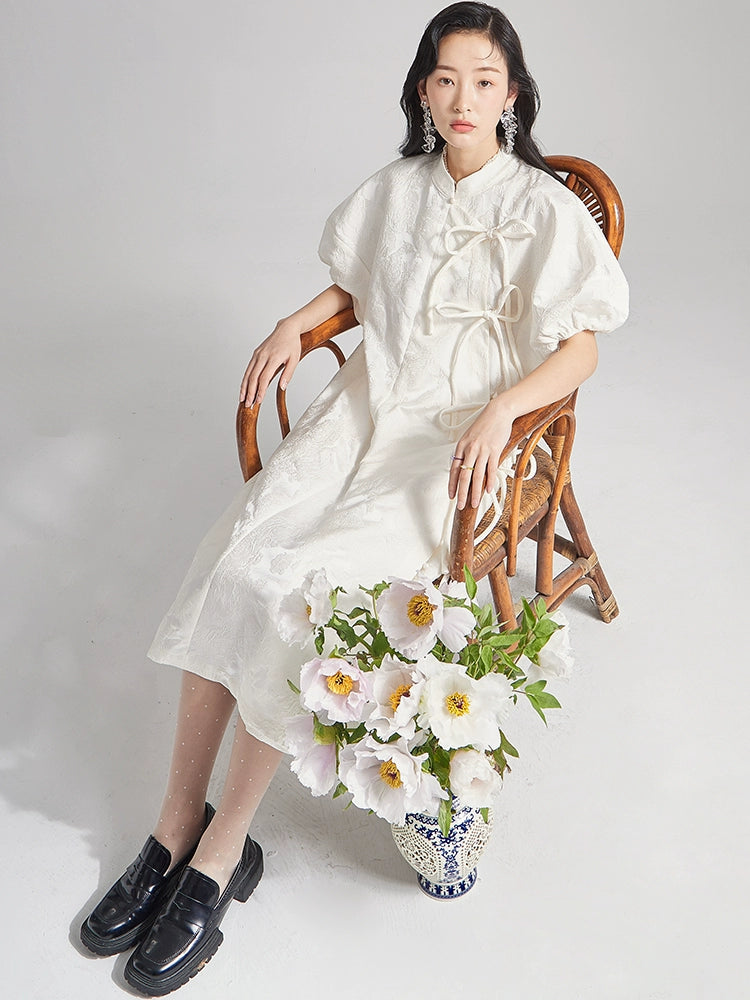 Apricot Bubble Sleeve Mid-length Dress - 上品で可愛らしいエイプリ