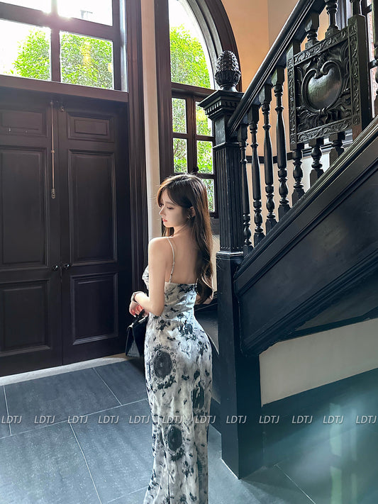 Ink Print Waist Shrinking Slim Strap Dress