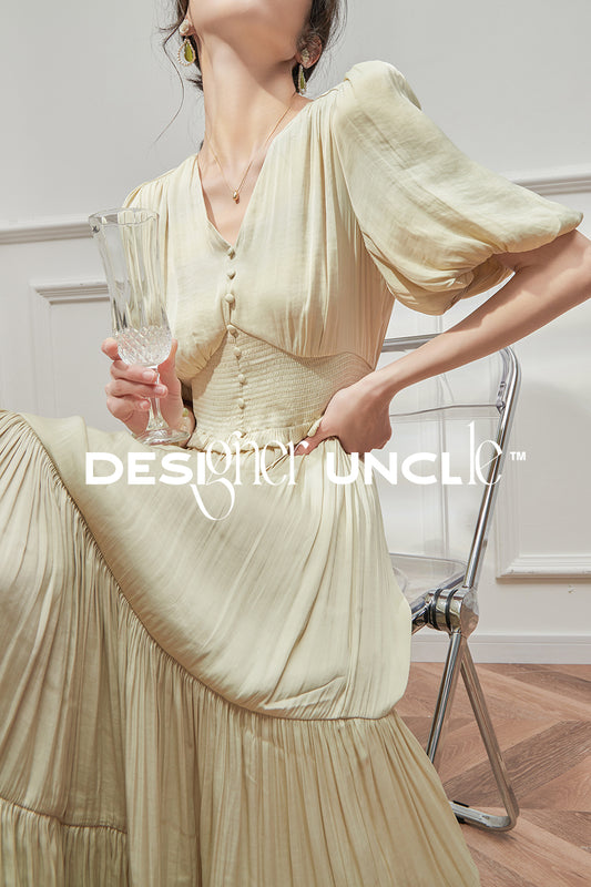 Retro French V-Neck Waistband Dress