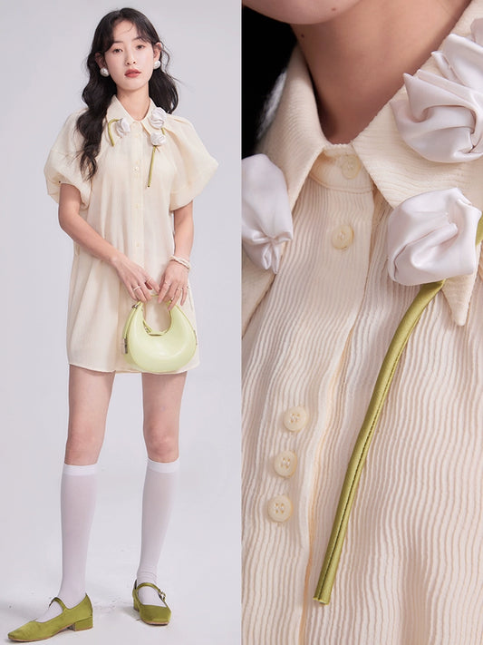 Original Design Seed Germinated Handmade Tulip Texture Relaxed Long Lace Up Shirt