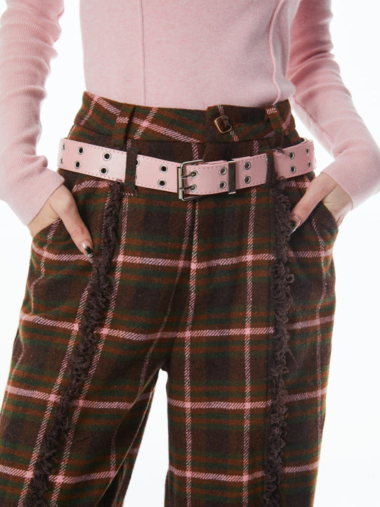 Brown Tassel Plaid Wool Pants - Autumn/Winter Style