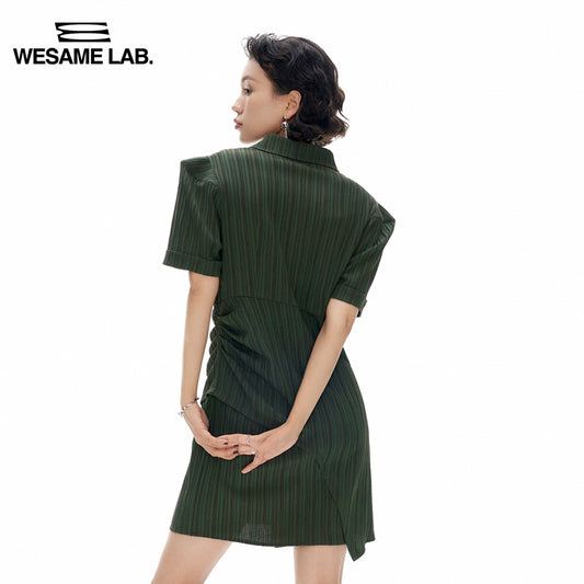 22S/S 독창적 인 틈새 디자인 감각 새로운 중국 스타일 옷깃 주름 스트라이프 허리띠 드레스