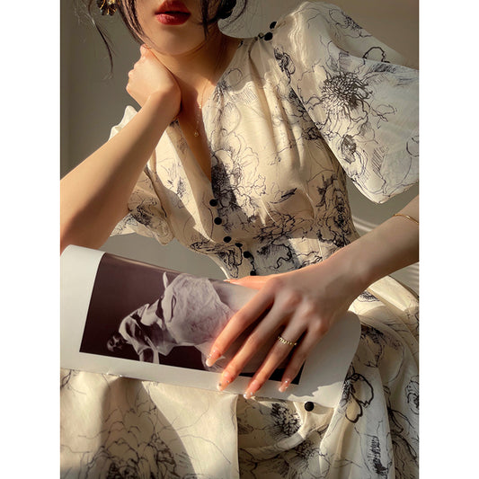 French Print Midi Dress