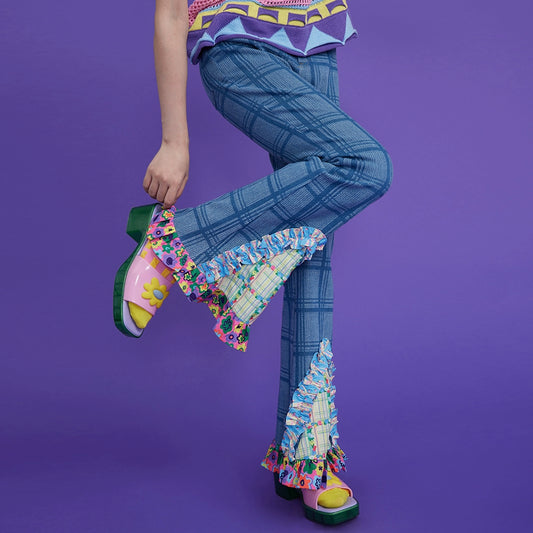 Checkered Slim Flare Jeans