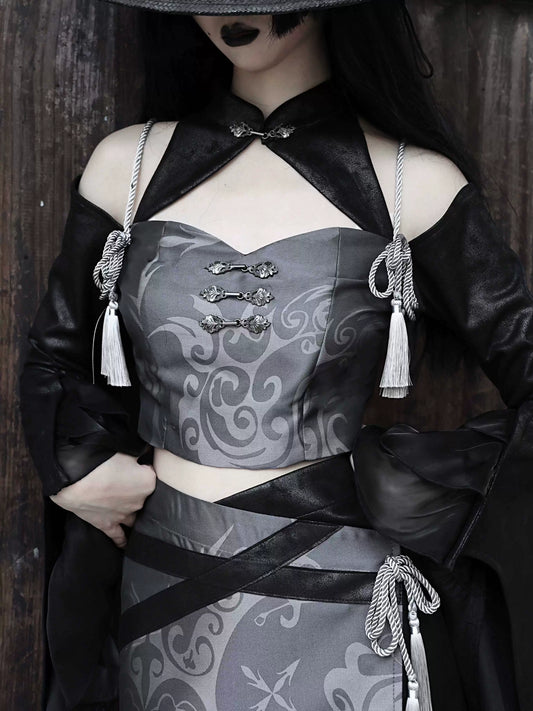 Dark Chinese Jacquard Tassel Top