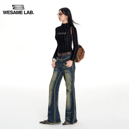 오리지널 빈티지 마이크로 분노 세척 넓은 다리 바구니 버클 스티치 직선 날씬한 검은 청바지