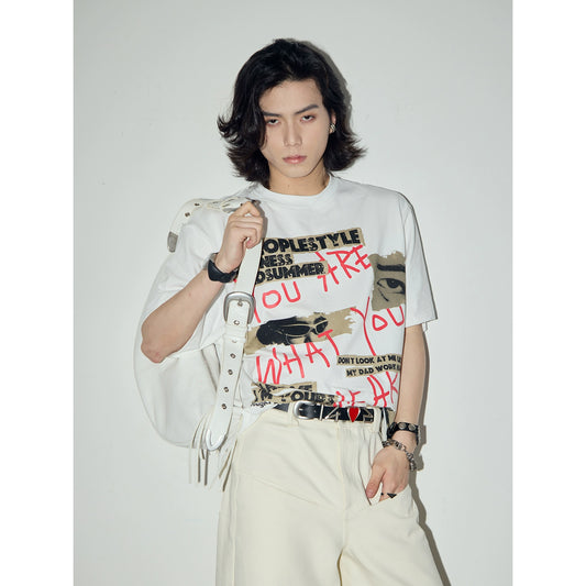 Camiseta creativa de graffiti letras impresas versátiles versátiles de mangas cortas sueltas unisex top