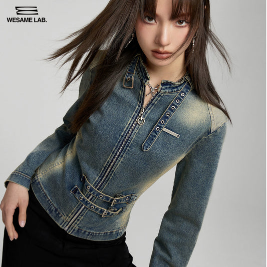 독창적 인 디자인 감각, 작고 인기 있고 빨 수 있고 세탁 가능한 레트로 탄성 꽉 데님 코트, 여성용 봄과 가을 스타일
