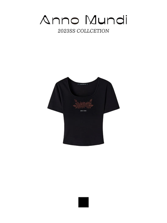 Red Lace Rose Print Durable Tee for Women