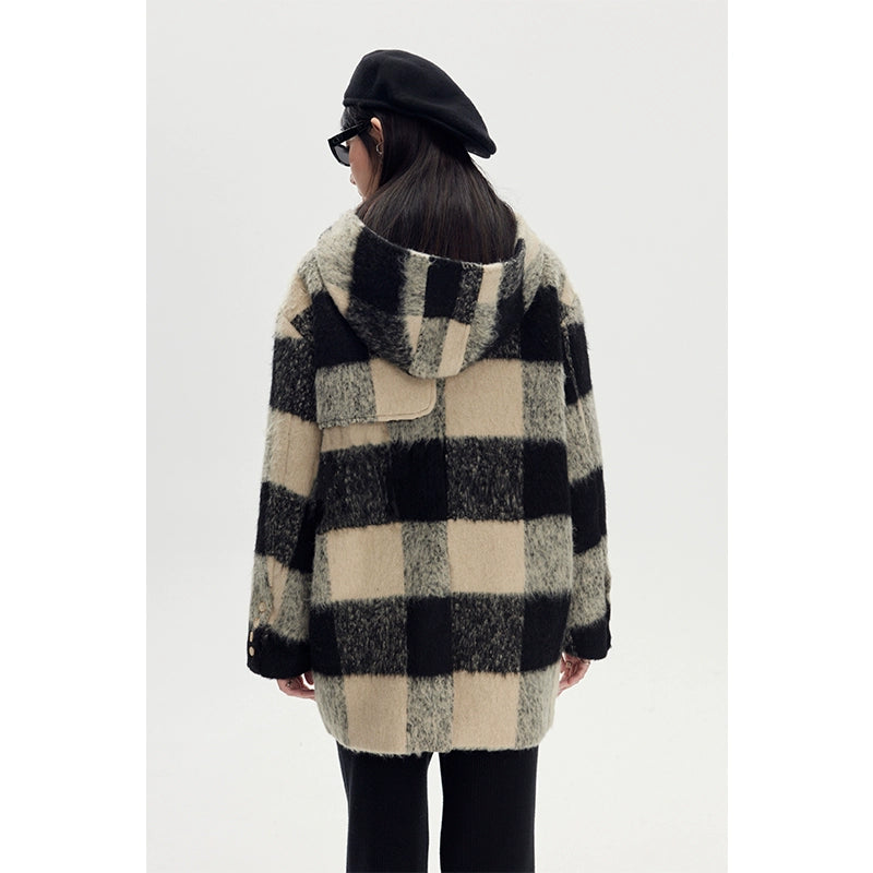 معطف طويل من الصوف الطويل المنقوش