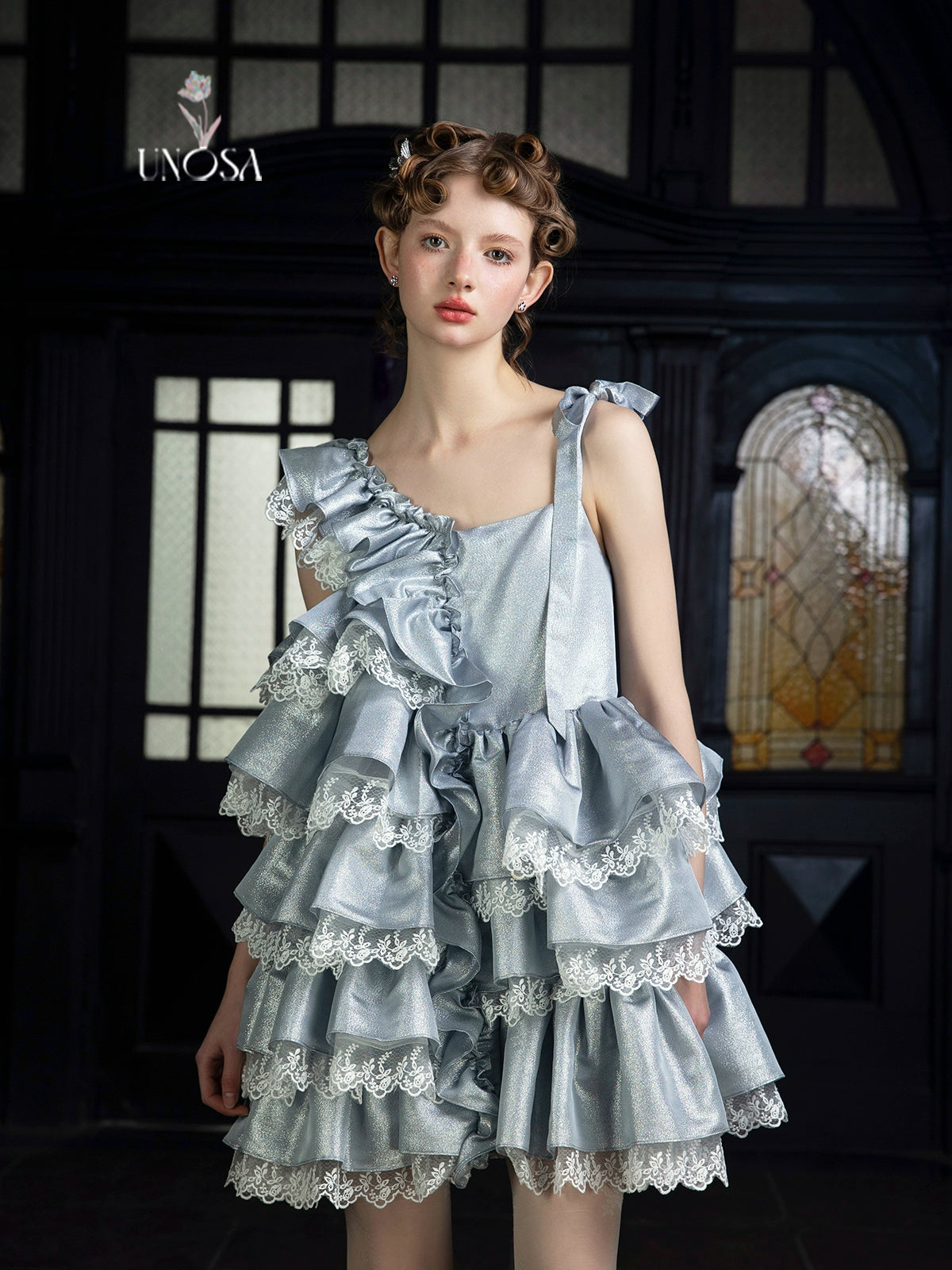 Silver White Sparkling Lace Asymmetrical A-Line Doll Dress