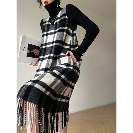Wool Check Fringe Dress
