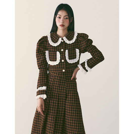 Brown Plaid Lace Two-Piece Set by 1PSTUDIO