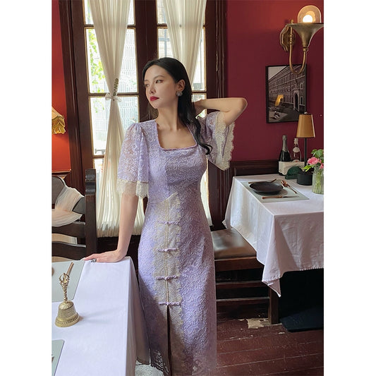 Far Mountain Purple Lace Cheongsam Dress