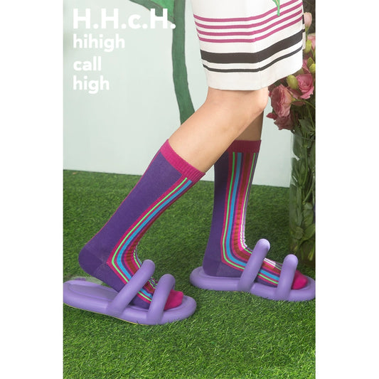 বসন্ত/গ্রীষ্মের রঙিন স্ট্রাইপ সুতি মিড-টিউব মোজা