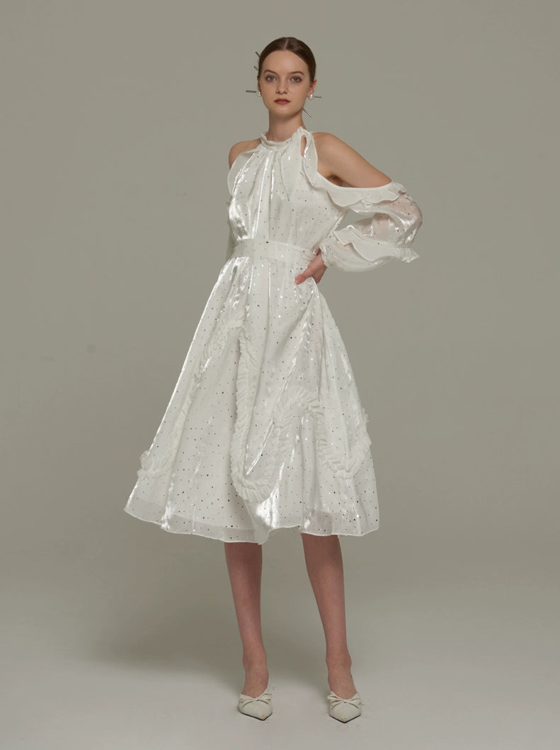 White Fairy Dress Lantern Sleeve and Off -Shoulder Design | Elegant Dress with sequence Serendute White Fairy Dress Lantern Sleeve and Off -Shoulder Design | Elegant Dress with sequence Serendute