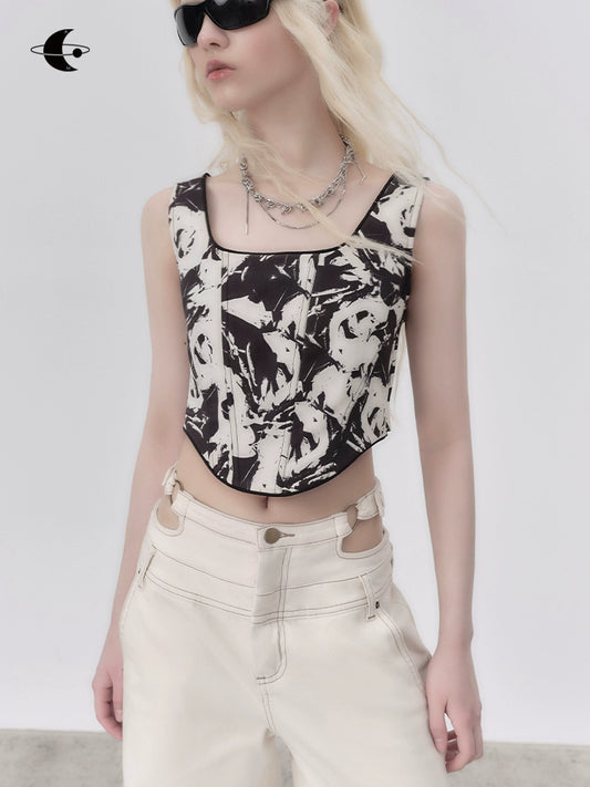 Retro Rose Print Tank Top Jacket