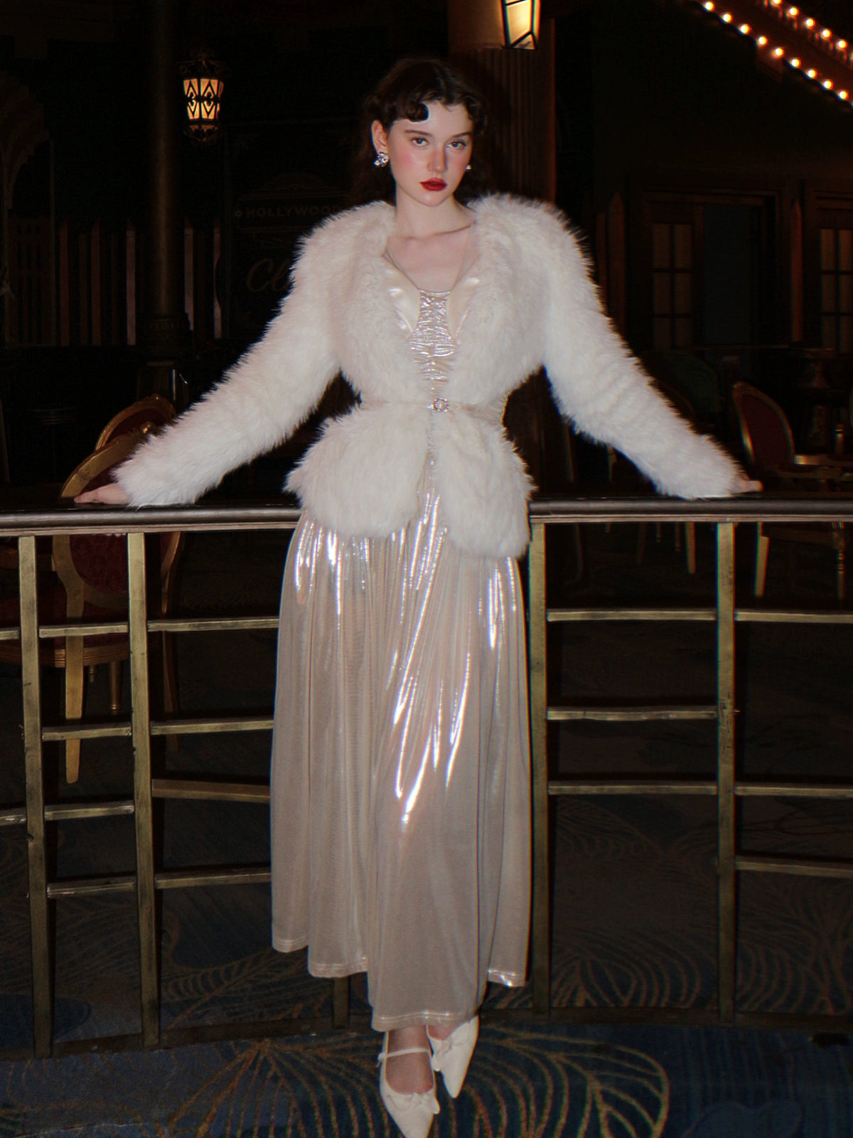 White Antique Faux Fur Thermal Jacket with Gold Belt Detail