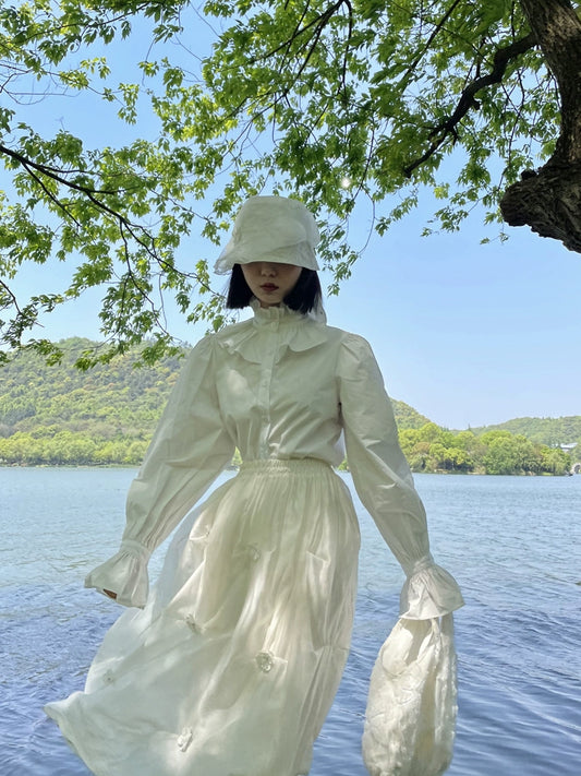 세트, 여름을위한 오리지널 디자인, 요정 흰색 태양 보호, 관점, 긴 슬리브 셔츠, 중간 길이의 치마, 2 피스 세트