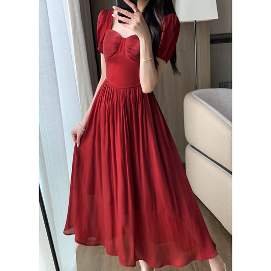 Retro Square Neck Red Dress - Summer