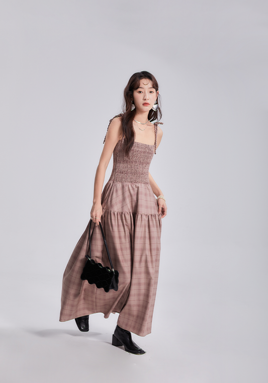 Original Design Pictorial Girl Vintage Plaid Fried Dough Twists Strap Strap Suspender Dress